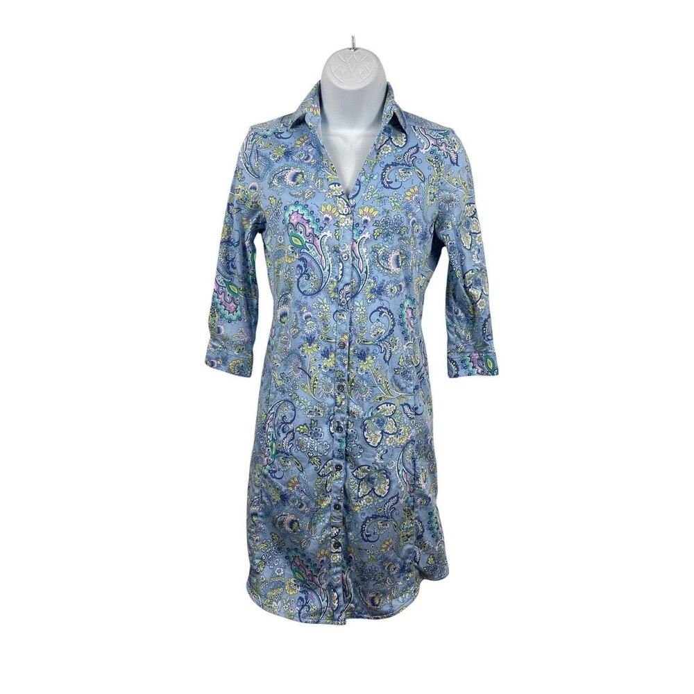 Robert Graham Blue Paisley Shirt Dress Or Pajama Dress Button Up 3/4 Sleeve 0